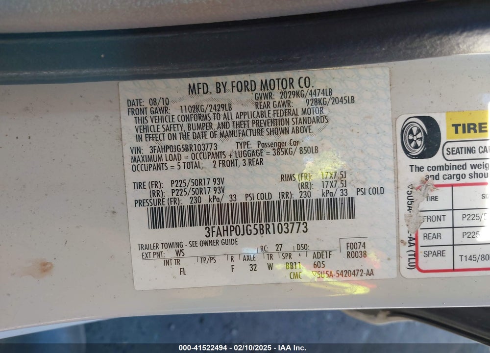 2011 FORD FUSION SEL VIN: 3FAHP0JG5BR103773