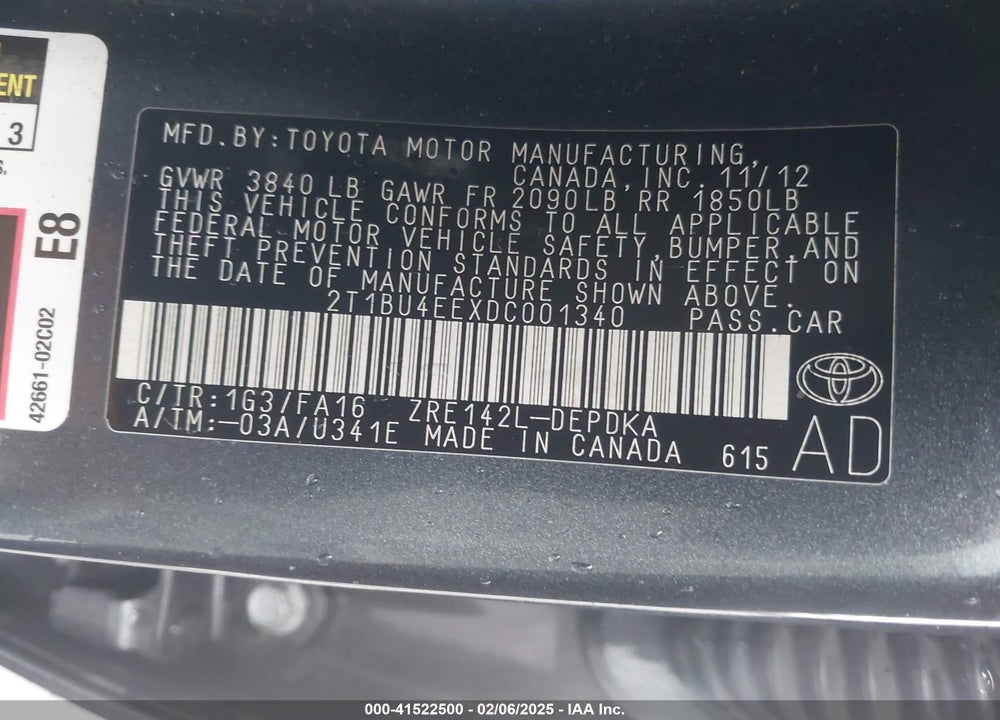 2013 TOYOTA COROLLA VIN: 2T1BU4EEXDC001340