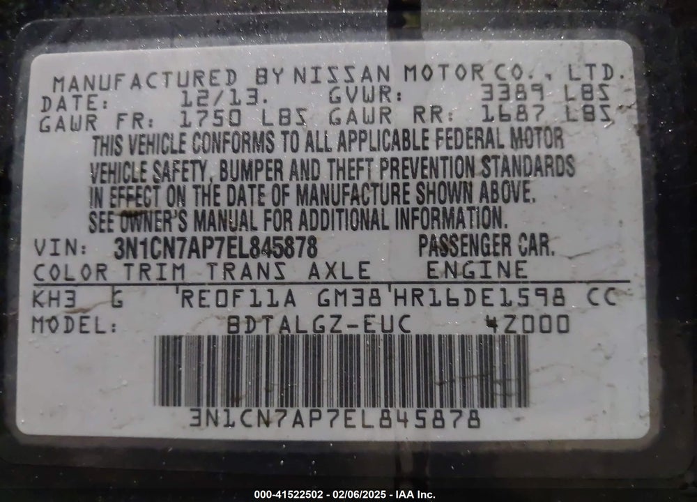 2014 NISSAN VERSA 1.6 SL VIN: 3N1CN7AP7EL845878