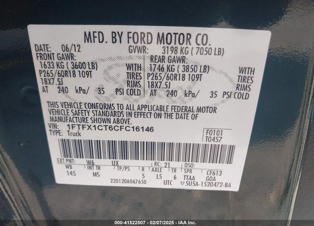 2012 FORD F-150 VIN: 1FTFX1CT6CFC16146
