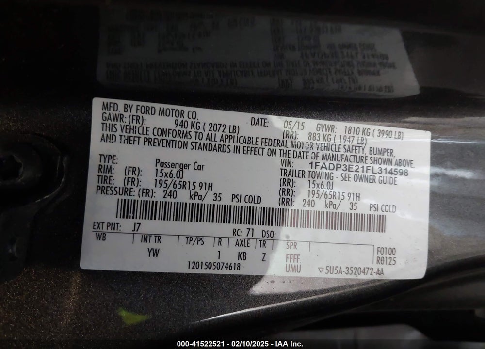2015 FORD FOCUS VIN: 1FADP3E21FL314598