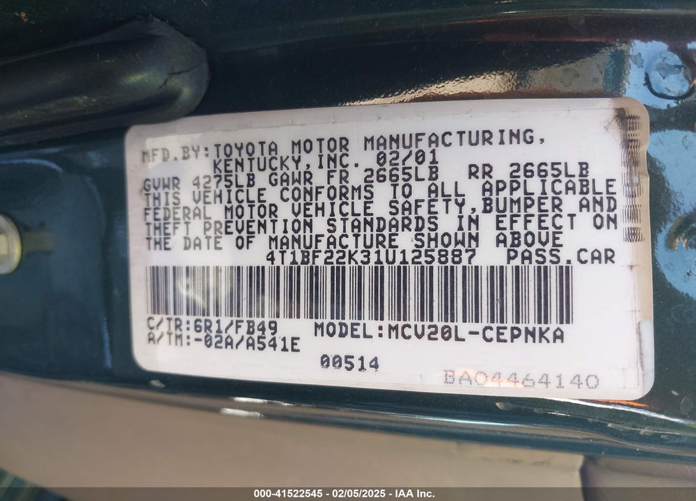 2001 TOYOTA CAMRY LE V6 VIN: 4T1BF22K31U125887