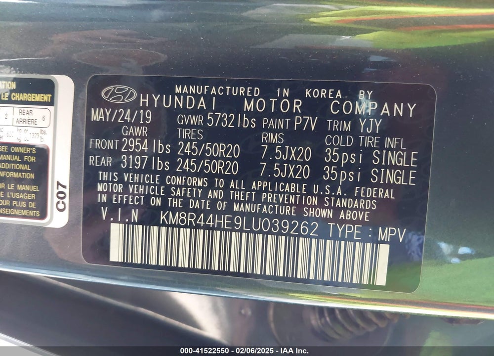 2020 HYUNDAI PALISADE SEL VIN: KM8R44HE9LU039262