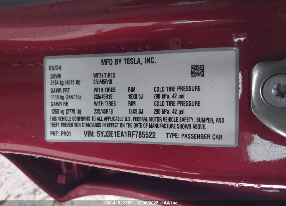 2024 TESLA MODEL 3 VIN: 5YJ3E1EA1RF785522