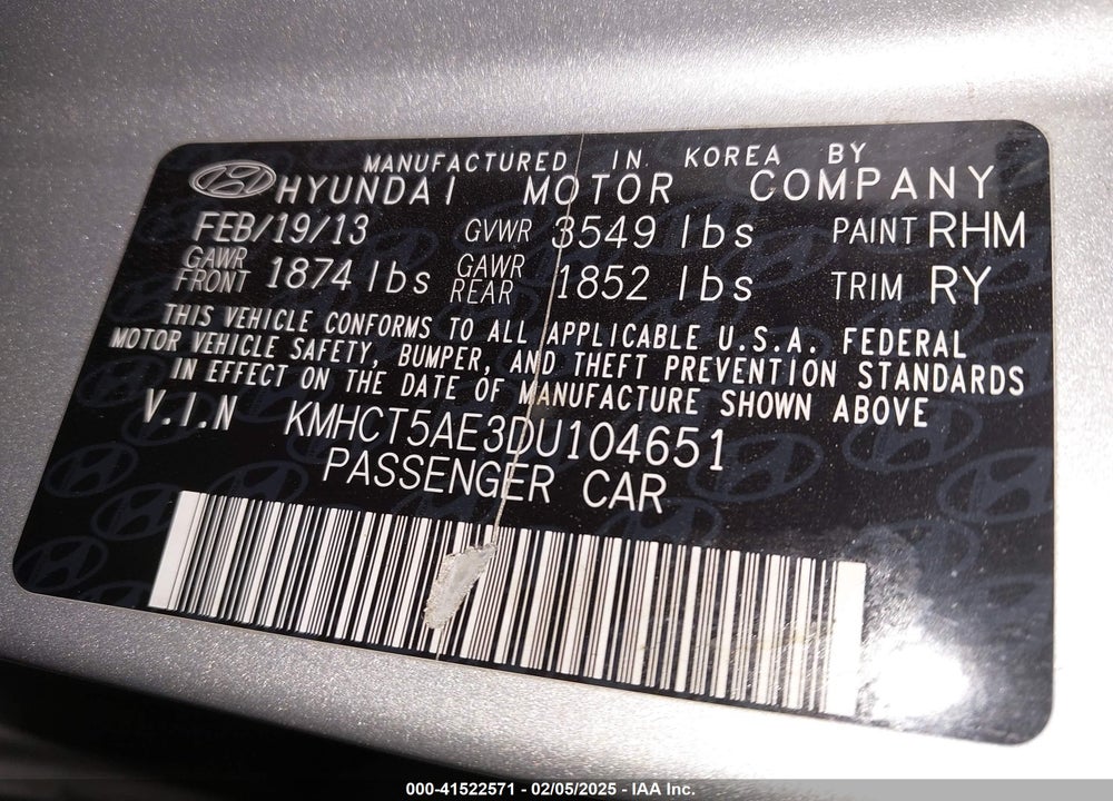 2013 HYUNDAI ACCENT VIN: KMHCT5AE3DU104651