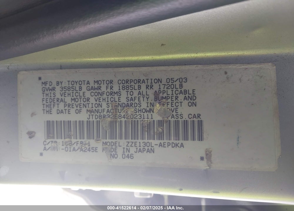 2004 TOYOTA COROLLA VIN: JTDBR32E842023111