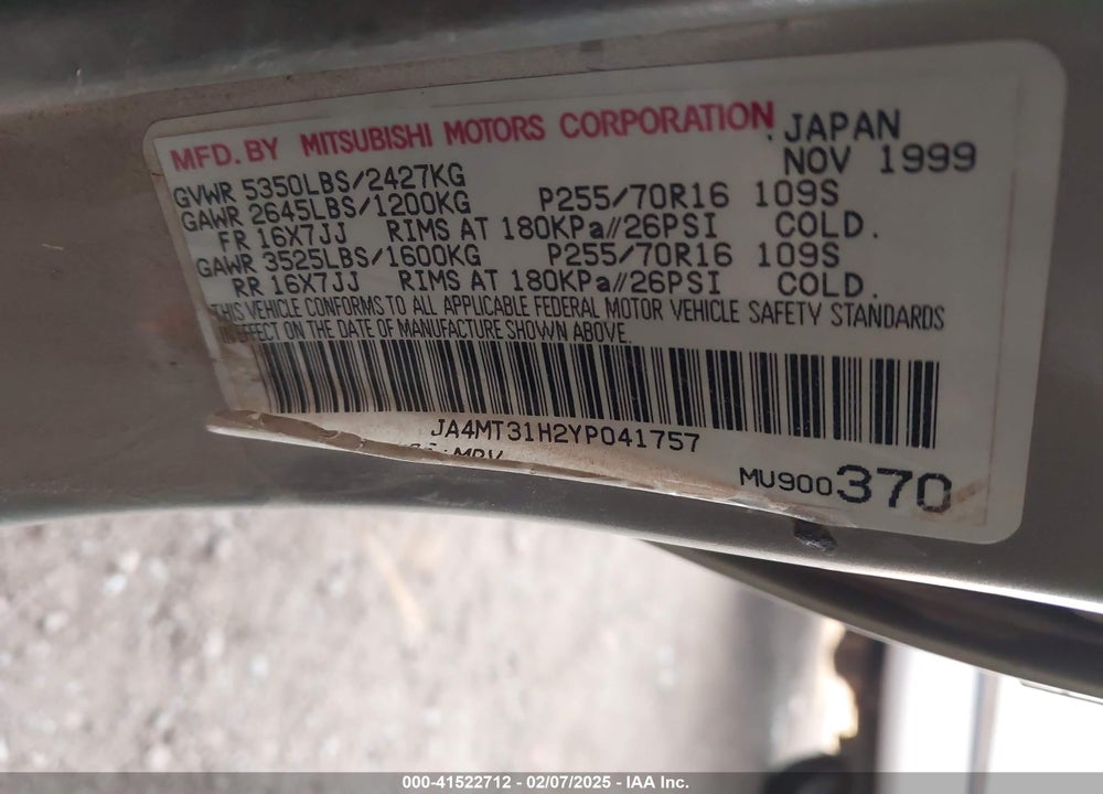 2000 MITSUBISHI MONTERO SPORT LS/XLS VIN: JA4MT31H2YP041757
