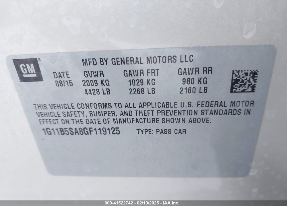 2016 CHEVROLET MALIBU LIMITED VIN: 1G11B5SA8GF119125