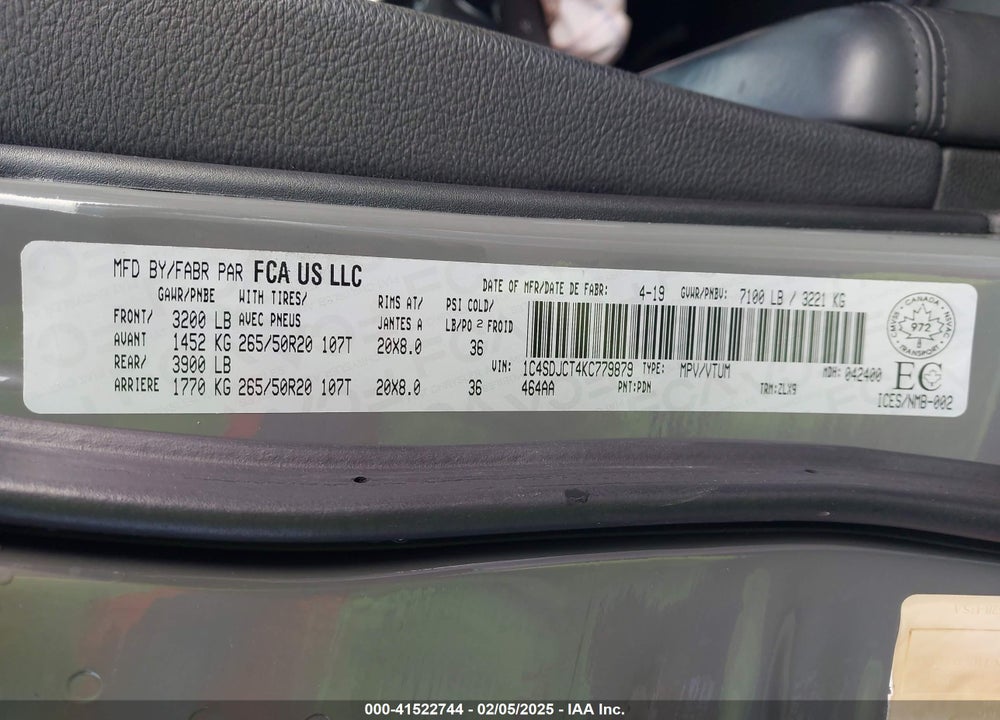 2019 DODGE DURANGO R/T VIN: 1C4SDJCT4KC779879