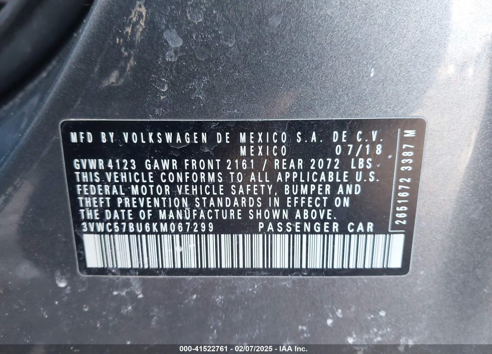 2019 VOLKSWAGEN JETTA VIN: 3VWC57BU6KM067299