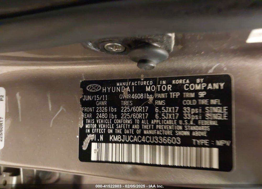 2012 HYUNDAI TUCSON GLS VIN: KM8JUCAC4CU336603