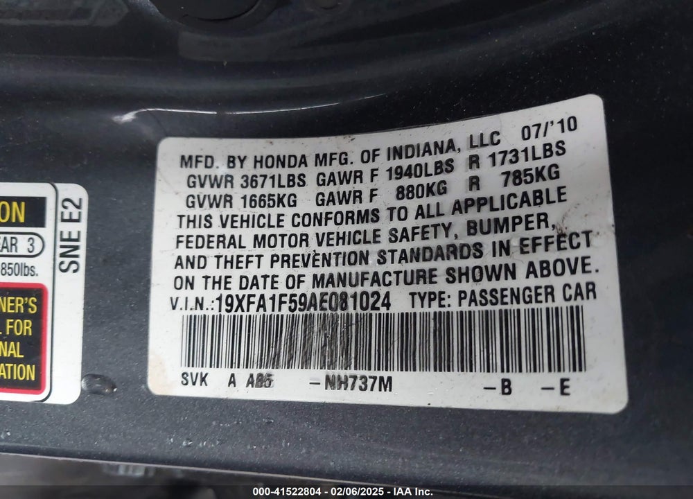 2010 HONDA CIVIC LX VIN: 19XFA1F59AE081024