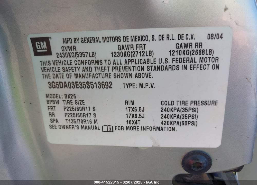 2005 BUICK RENDEZVOUS CX VIN: 3G5DA03E35S513692