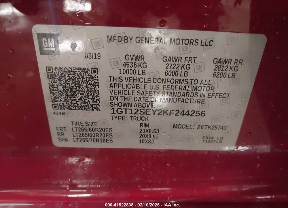 2019 GMC SIERRA 2500HD DENALI VIN: 1GT12SEY2KF244256