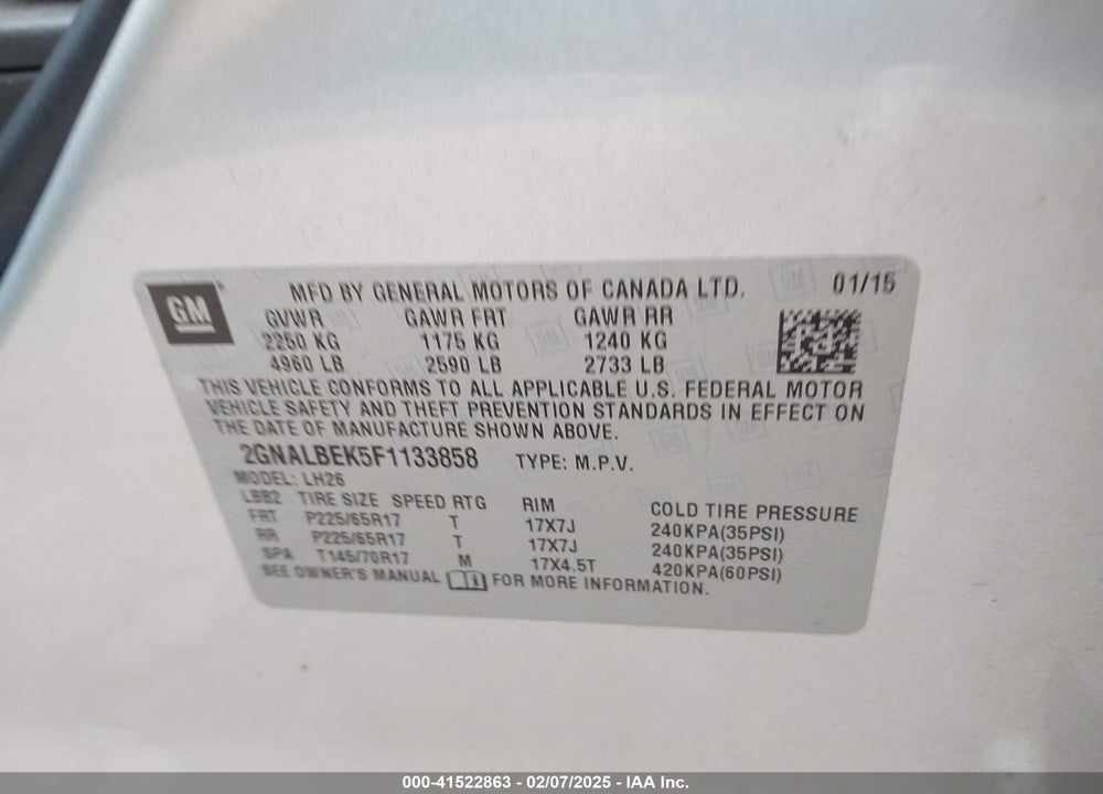 2015 CHEVROLET EQUINOX 1LT VIN: 2GNALBEK5F1133858