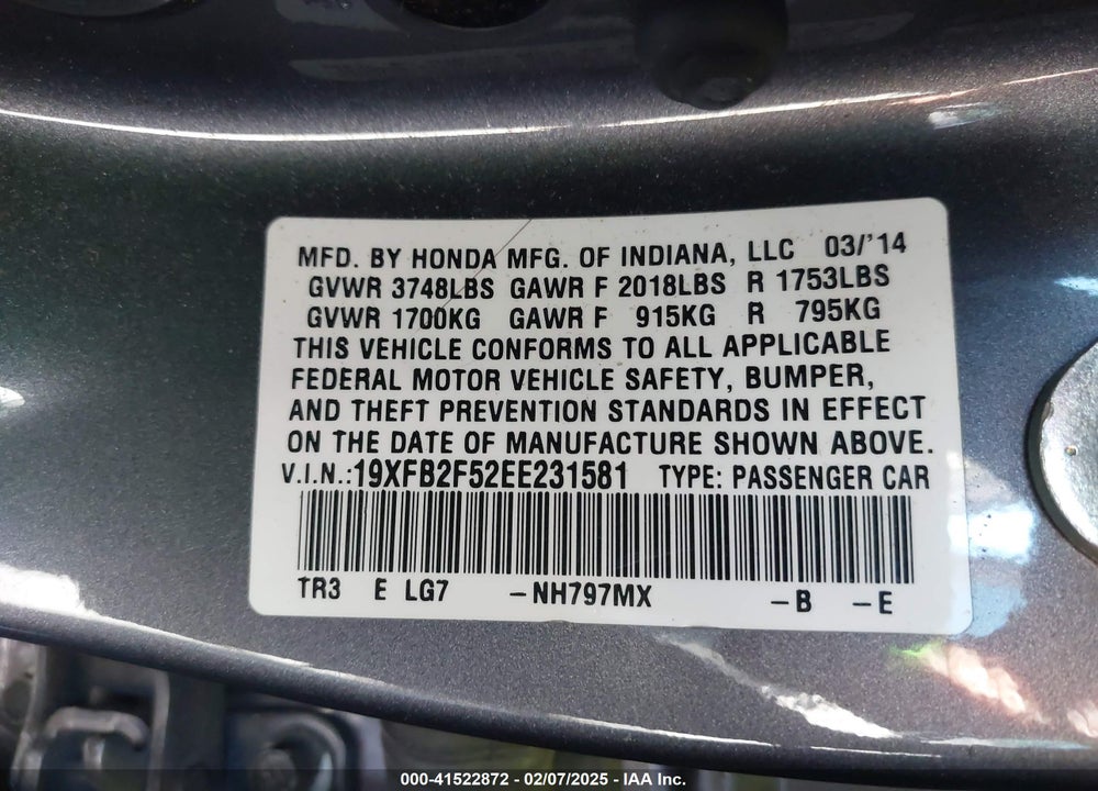 2014 HONDA CIVIC VIN: 19XFB2F52EE231581
