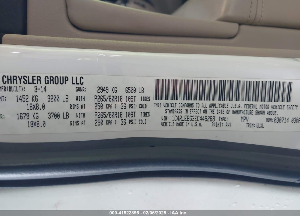 2014 JEEP GRAND CHEROKEE VIN: 1C4RJEBG3EC449268