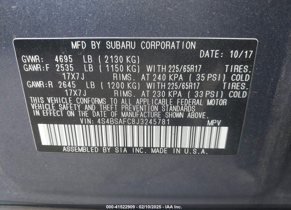 2018 SUBARU OUTBACK 2.5I PREMIUM VIN: 4S4BSAFC8J3245781