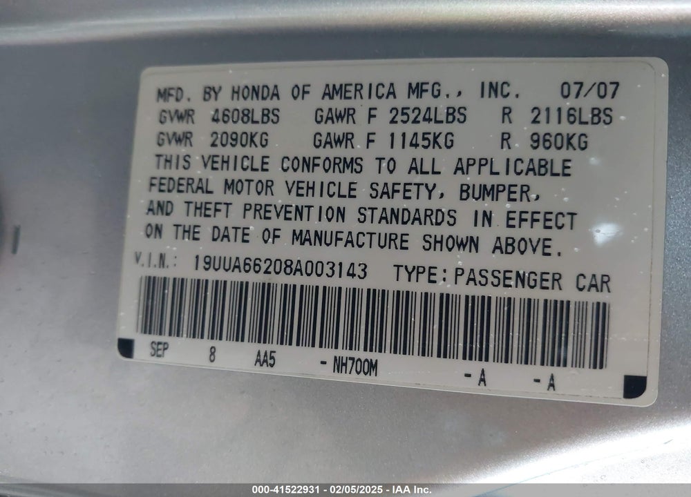 2008 ACURA TL 3.2 VIN: 19UUA66208A003143
