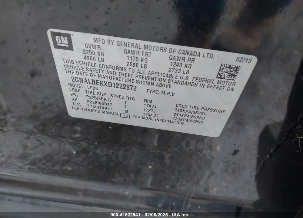 2013 CHEVROLET EQUINOX LS VIN: 2GNALBEKXD1222872