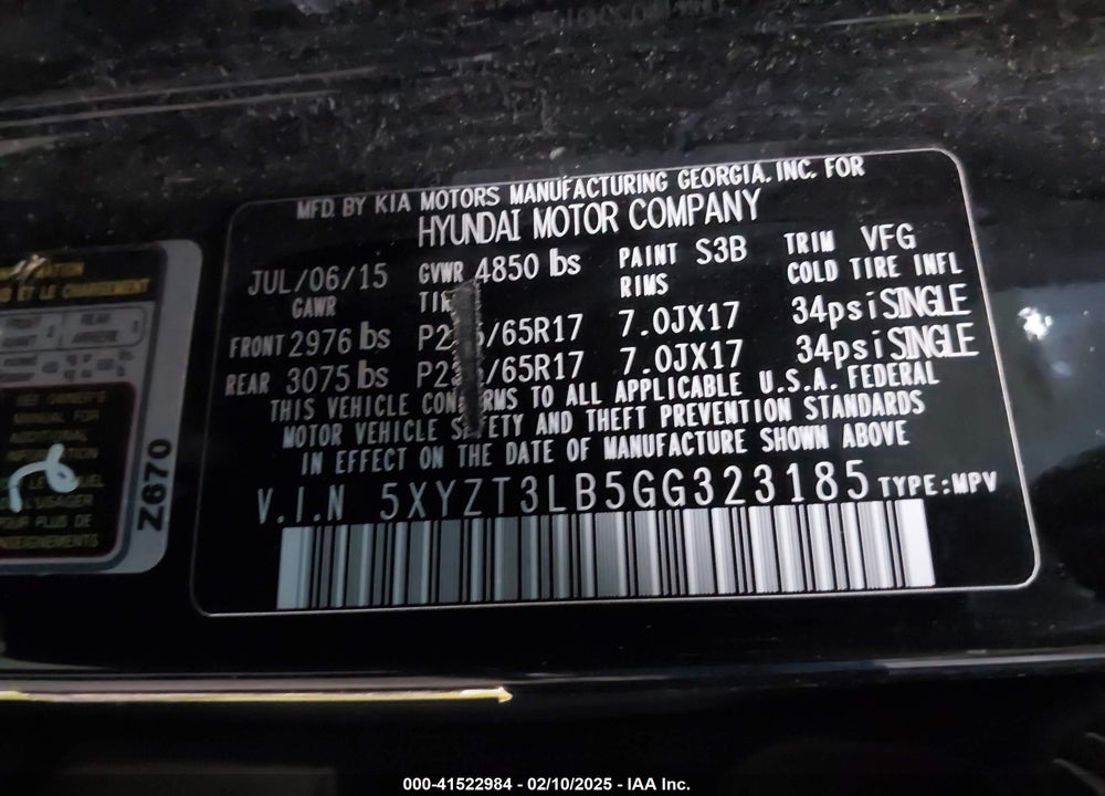 2016 HYUNDAI SANTA FE SPORT VIN: 5XYZT3LB5GG323185