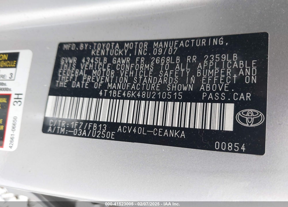 2008 TOYOTA CAMRY VIN: 4T1BE46K48U210515