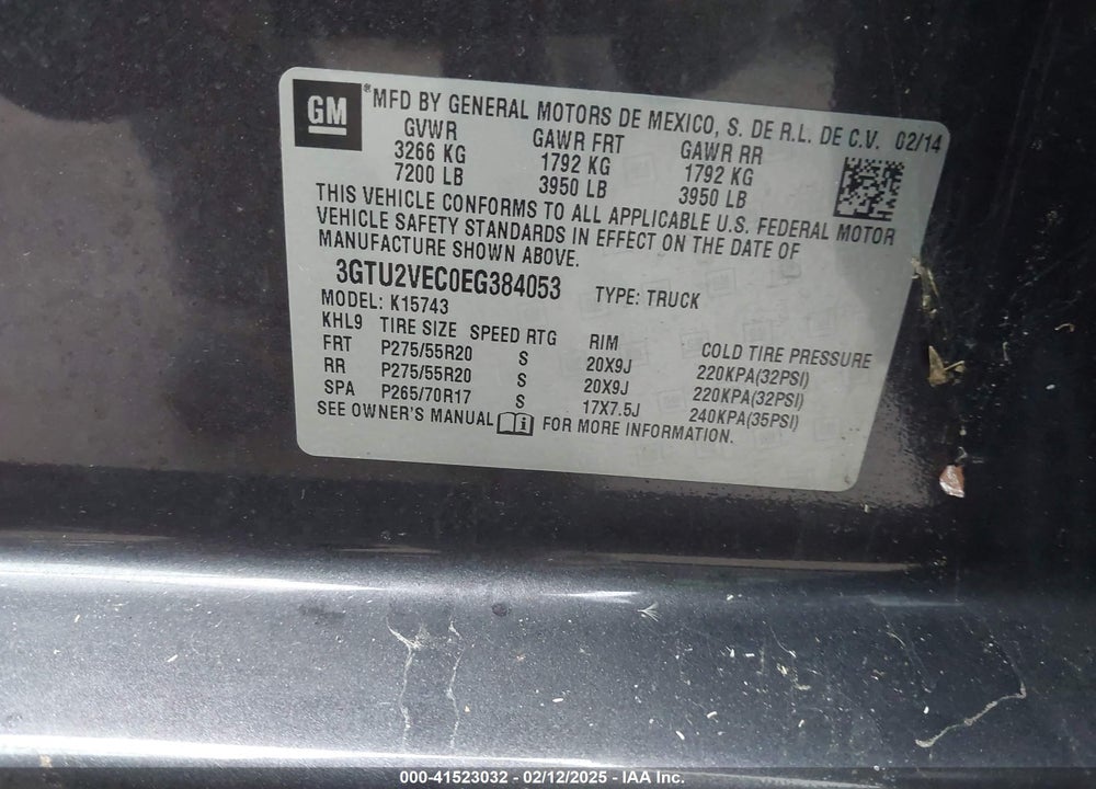 2014 GMC SIERRA 1500 VIN: 3GTU2VEC0EG384053