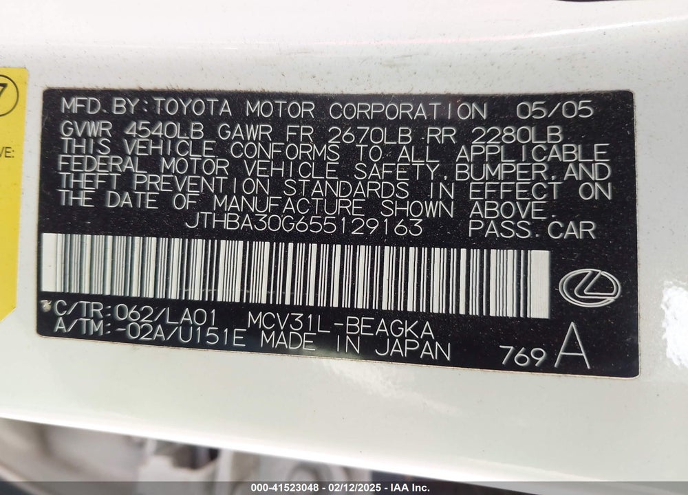 2005 LEXUS ES 330 VIN: JTHBA30G655129163