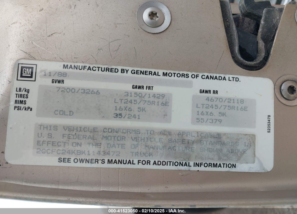 1989 CHEVROLET GMT-400 C2500 VIN: 2GCFC24K8K1143472
