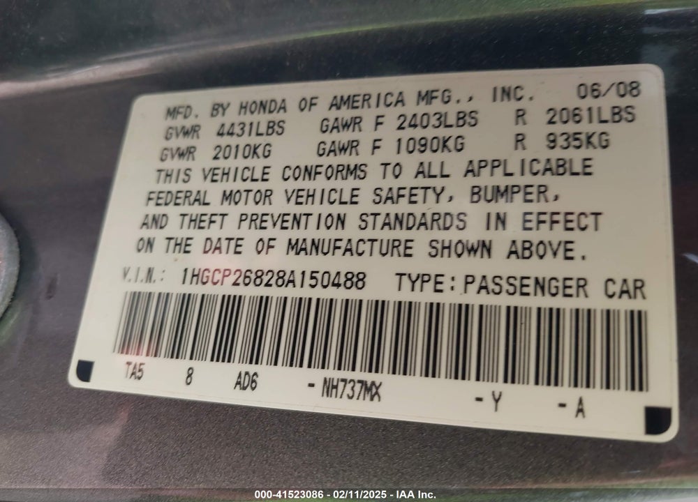 2008 HONDA ACCORD SDN VIN: 1HGCP26828A150488