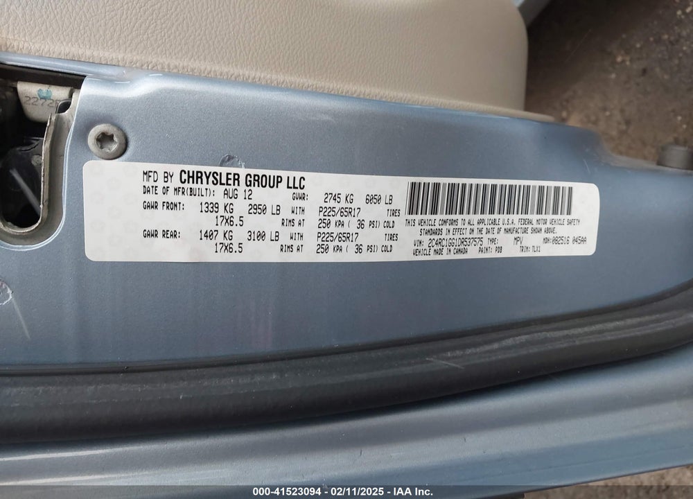 2013 CHRYSLER TOWN & COUNTRY LIMITED VIN: 2C4RC1GG1DR537575