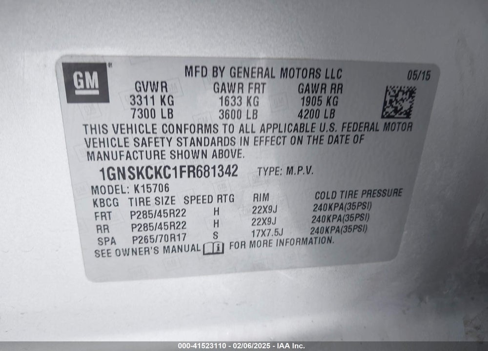 2015 CHEVROLET TAHOE LTZ VIN: 1GNSKCKC1FR681342