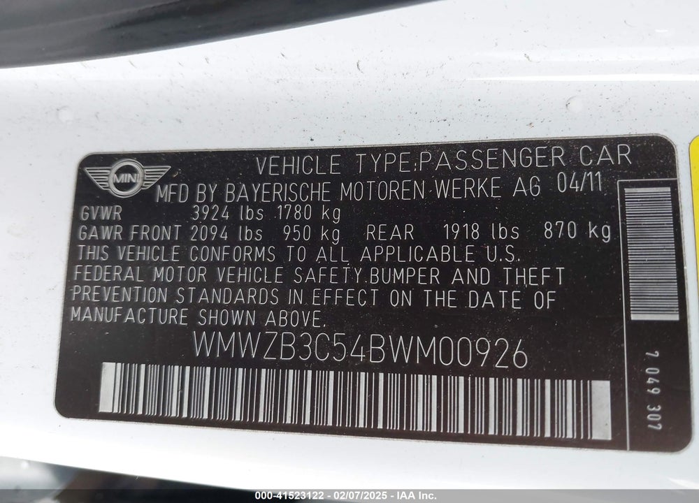 2011 MINI COOPER COUNTRYMAN VIN: WMWZB3C54BWM00926