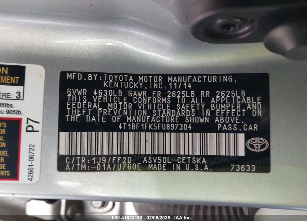 2015 TOYOTA CAMRY VIN: 4T1BF1FK5FU897304
