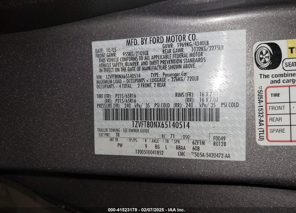 2006 FORD MUSTANG V6 VIN: 1ZVFT80NX65140514