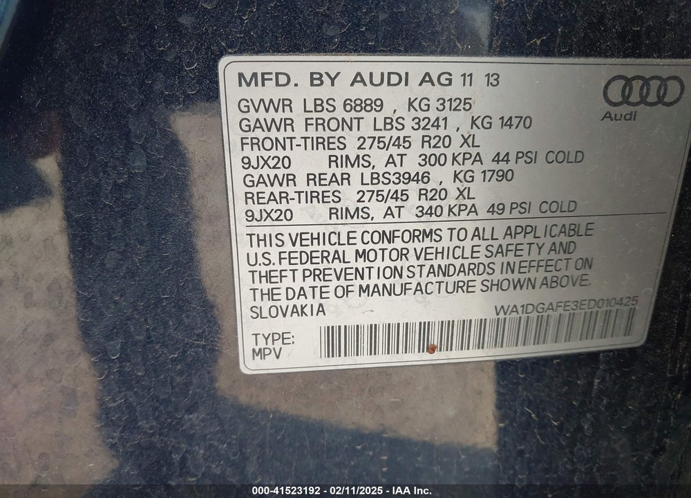 2014 AUDI Q7 3.0T S LINE PRESTIGE VIN: WA1DGAFE3ED010425