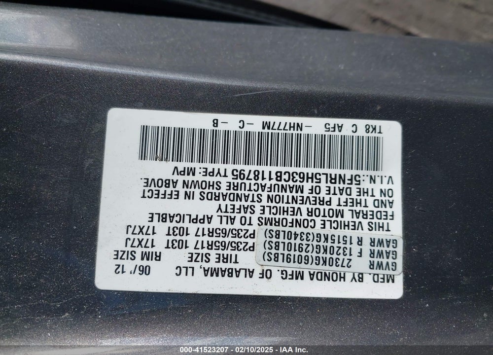 2012 HONDA ODYSSEY VIN: 5FNRL5H63CB118795