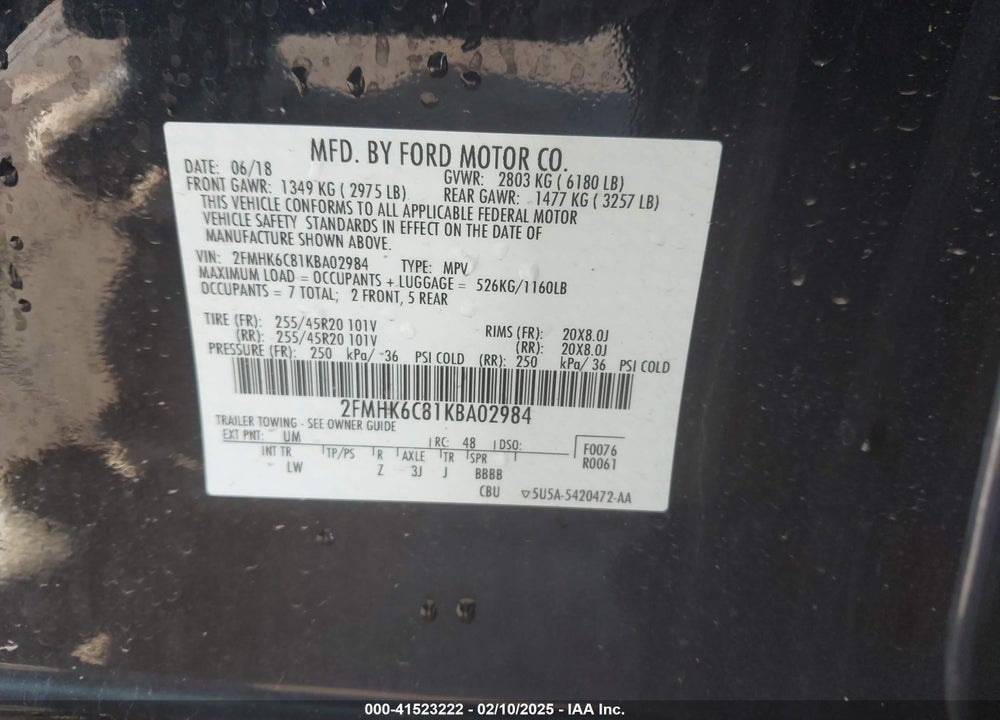 2019 FORD FLEX SEL VIN: 2FMHK6C81KBA02984