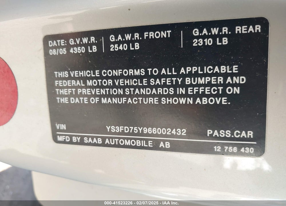 2006 SAAB 9-3 2.0T VIN: YS3FD75Y966002432