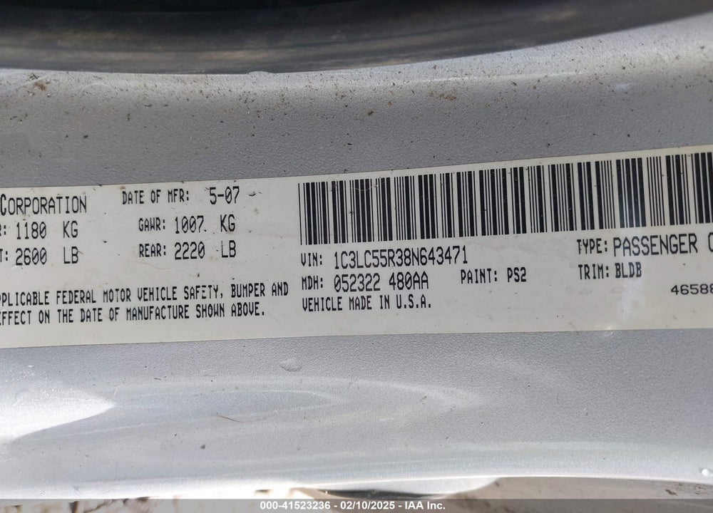 2008 CHRYSLER SEBRING TOURING VIN: 1C3LC55R38N643471