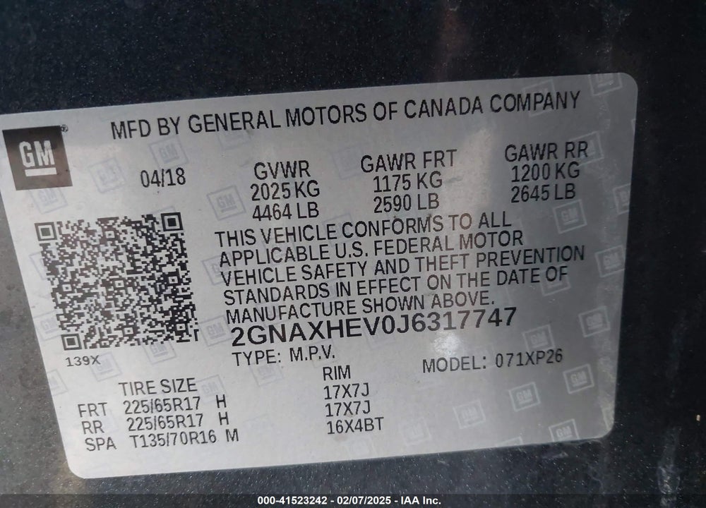 2018 CHEVROLET EQUINOX LS VIN: 2GNAXHEV0J6317747