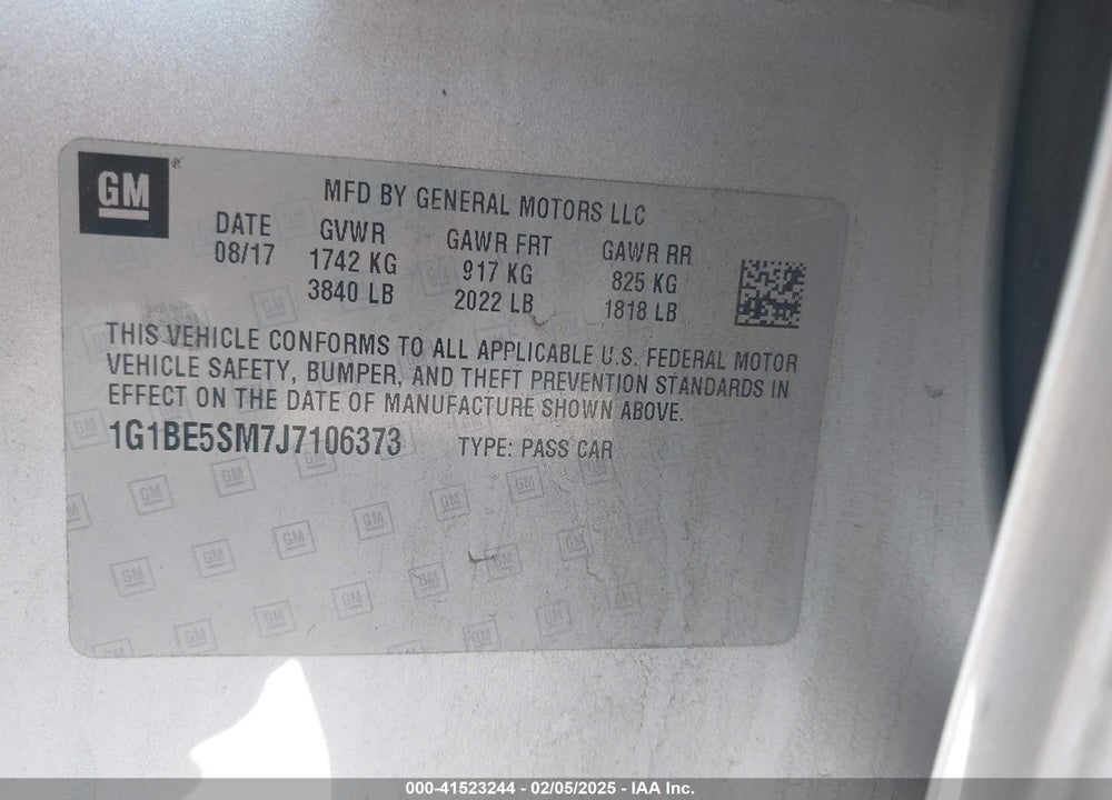 2018 CHEVROLET CRUZE VIN: 1G1BE5SM7J7106373