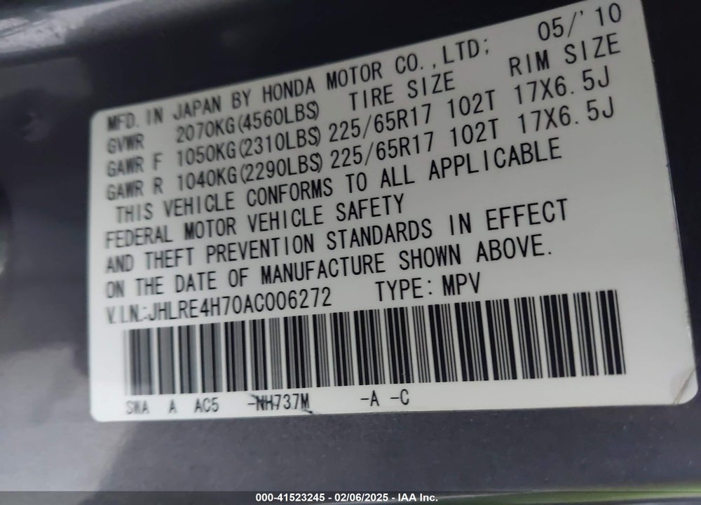 2010 HONDA CR-V VIN: JHLRE4H70AC006272