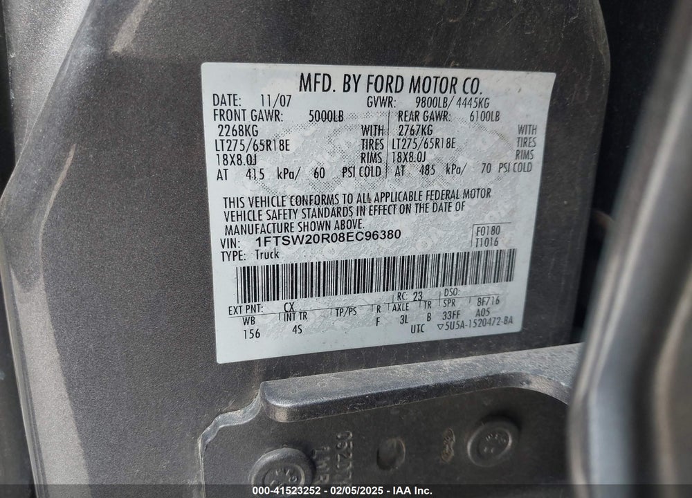 2008 FORD F-250 VIN: 1FTSW20R08EC96380