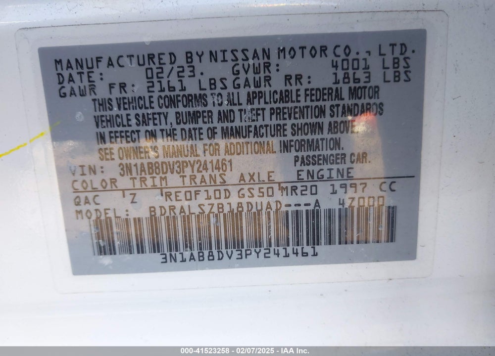 2023 NISSAN SENTRA VIN: 3N1AB8DV3PY241461