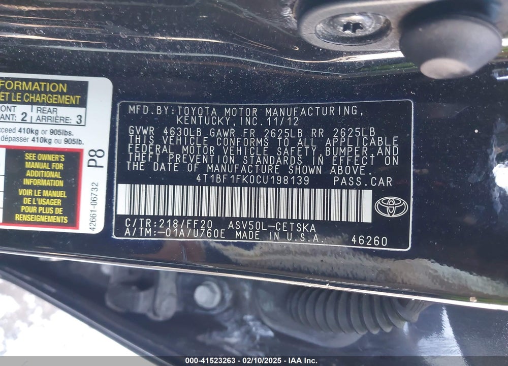 2012 TOYOTA CAMRY SE LIMITED EDITION VIN: 4T1BF1FK0CU198139