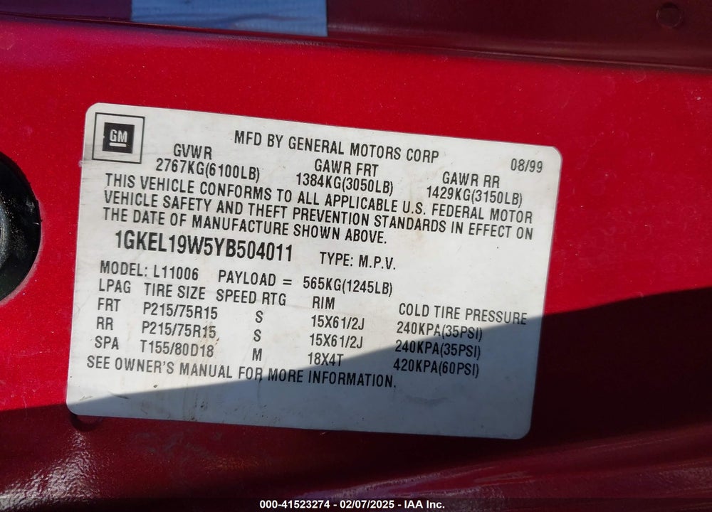 2000 GMC SAFARI SL VIN: 1GKEL19W5YB504011
