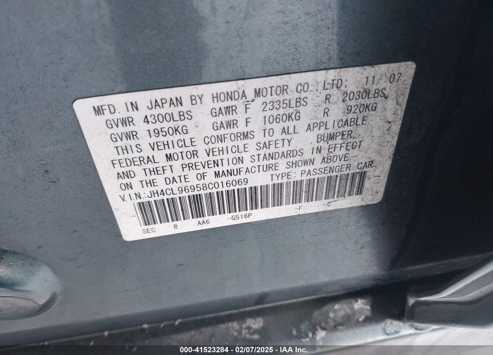 2008 ACURA TSX VIN: JH4CL96958C016069