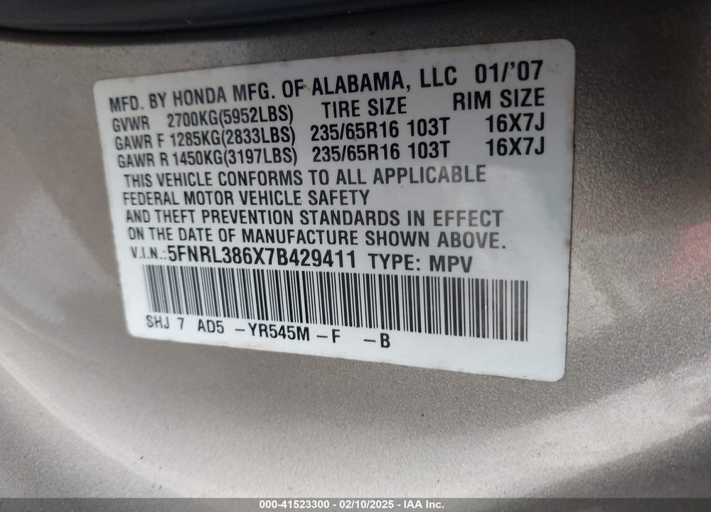 2007 HONDA ODYSSEY EX-L VIN: 5FNRL386X7B429411