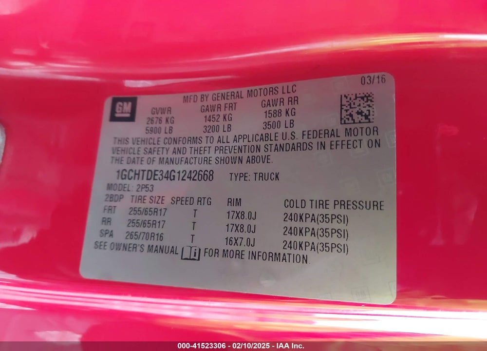 2016 CHEVROLET COLORADO VIN: 1GCHTDE34G1242668
